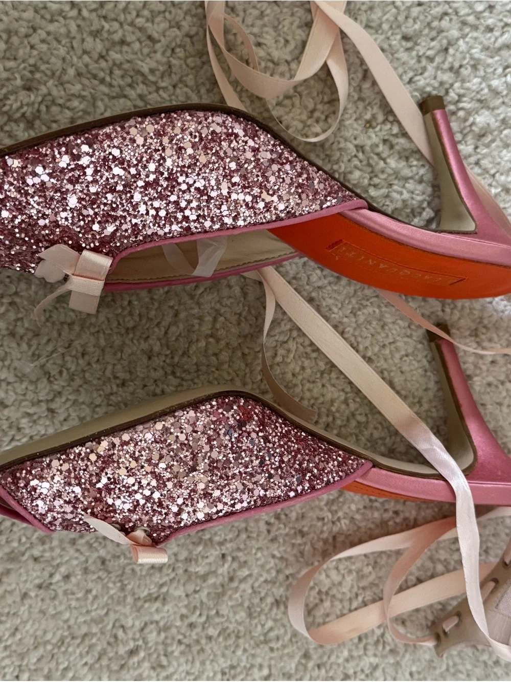 D. Lacquaniti Pink Glitter Peep Toe Lace-Up Ribbon Heels Size 37 / US 7